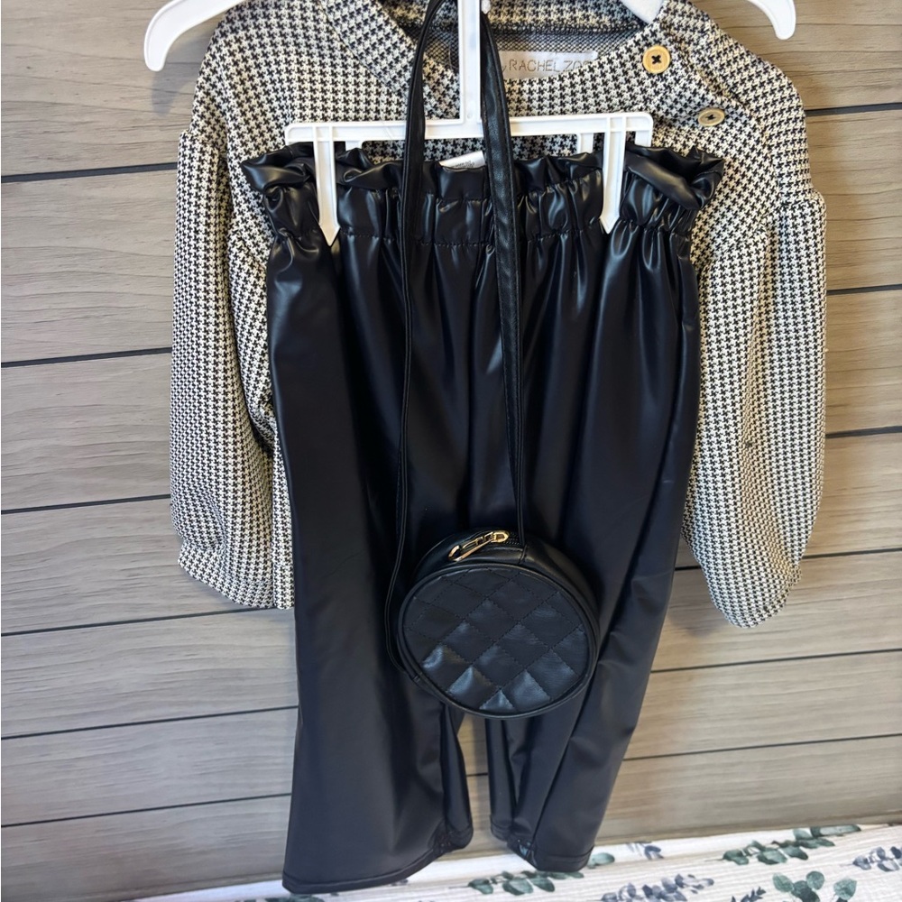 Black Faux Leather pants with top with Quilted Round Crossbody Bag